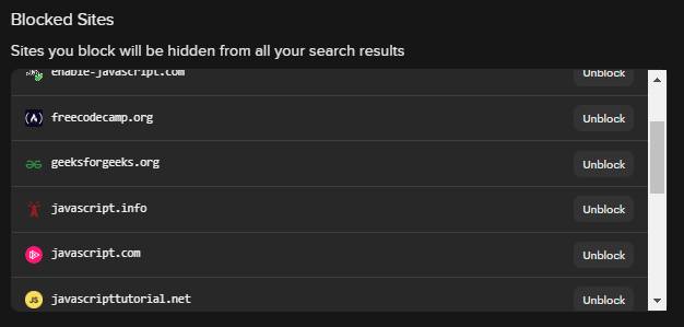 DDG blocklist. More than 5 sites